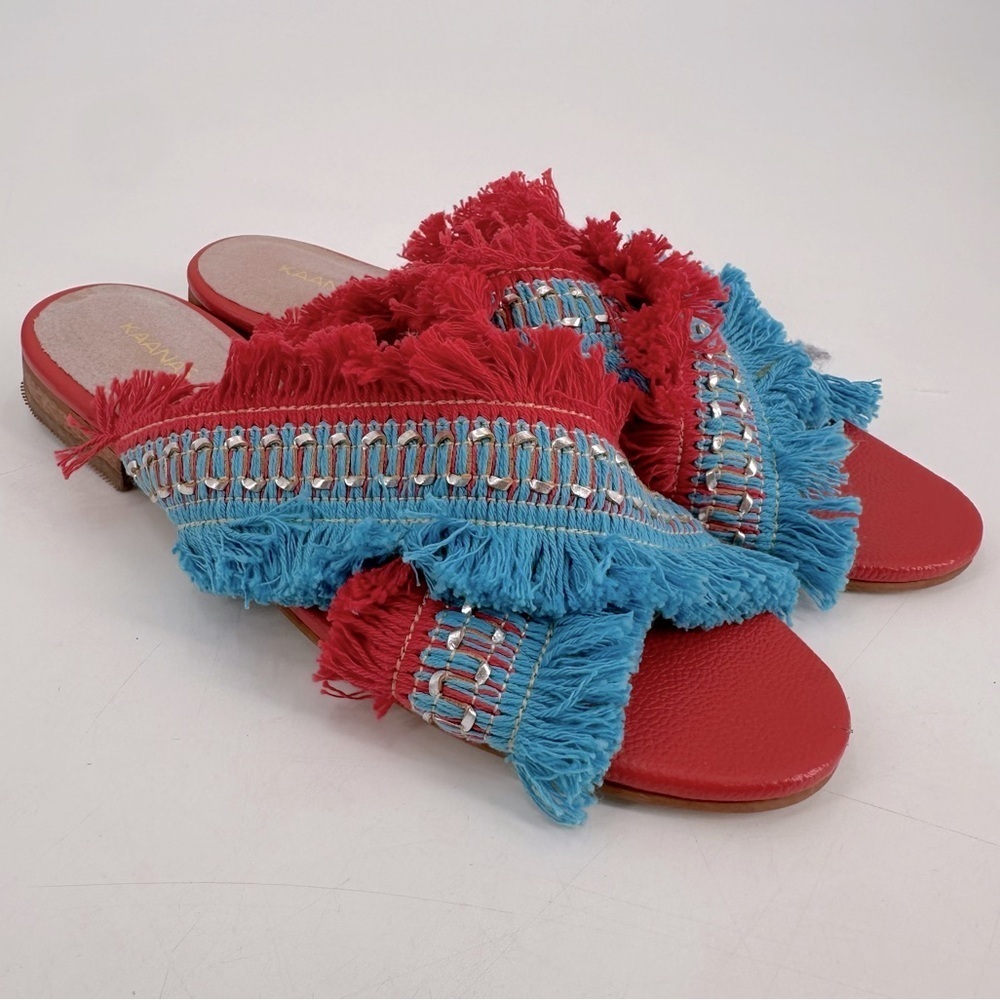Johnny Was Red and Turquoise Fringe Slide Sandals